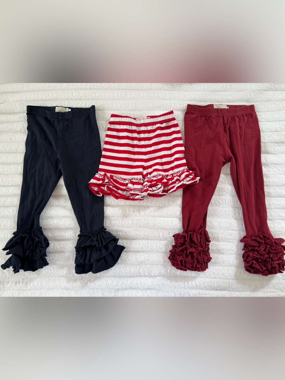 Pearls and Piggytails bundle- Ruffle Hem Leggings, Stripe Ruffle shorts
